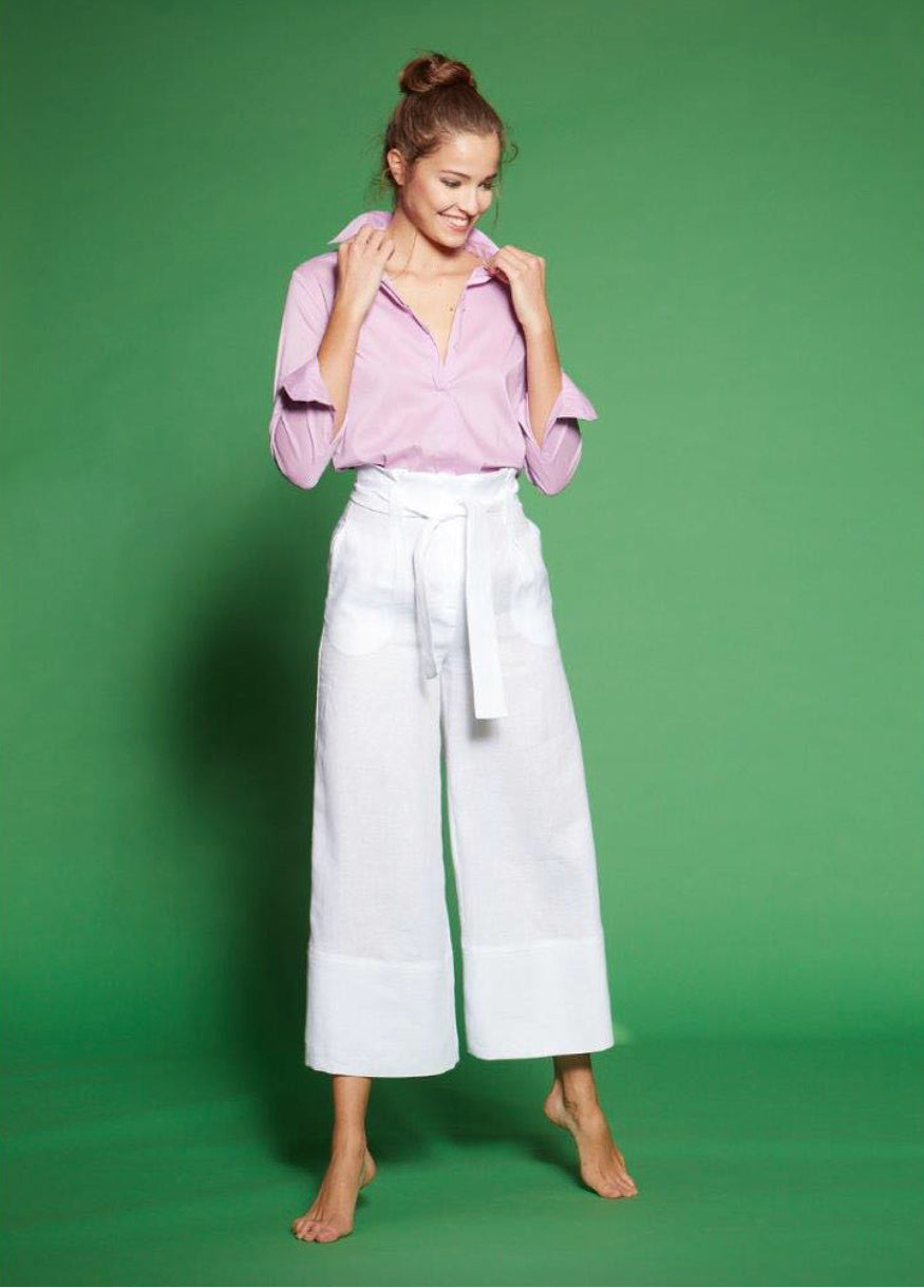 Pantalon en coton à taille haute 3/4 large